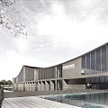 Modern Building Exterior View With Glass Curtain Walls Water Pool Cherry Blossoms And Plaza