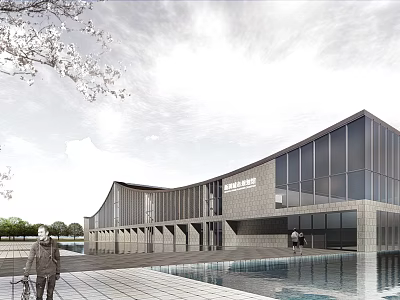 Modern Building Exterior View With Glass Curtain Walls Water Pool Cherry Blossoms And Plaza 3d model