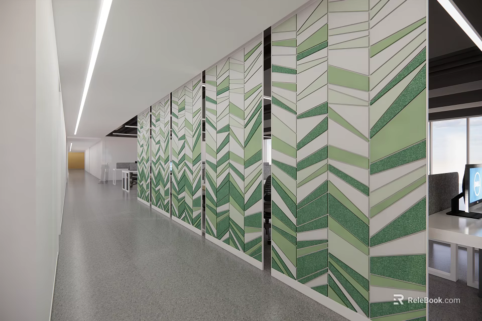 Modern Office Corridor Interior With Green And White Geometric Pattern Partitions And Ceiling Lighting 3d model