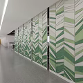 Modern Office Corridor Interior With Green And White Geometric Pattern Partitions And Ceiling Lighting 3d model