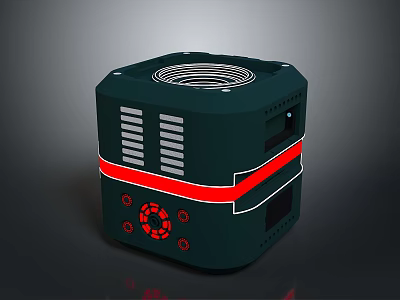 Dark Green Cube Electronic Device Featuring Red Stripe Top Ventilation Grill And Control Buttons 3d model