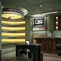 Modern Coffee Shop Interior With Green Walls Wooden Counter Black Benches And Round Lights