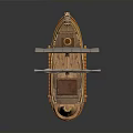 Ancient Wooden Sailing Boat Model With Decorative Bow And White Sail Structure