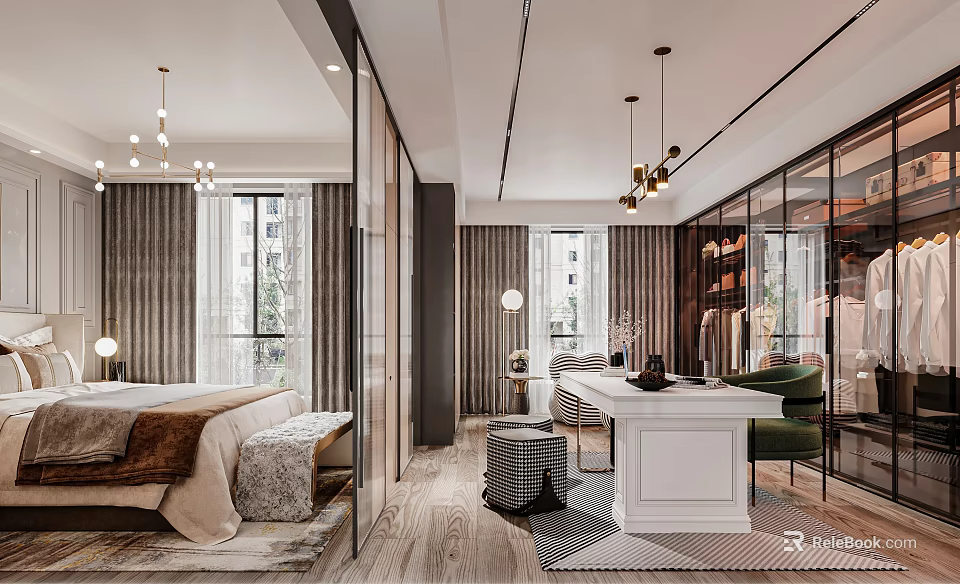 Elegant Modern Bedroom Interior With Large Windows Hanging Chandeliers Plush Rug And Wooden Floor 3d model 