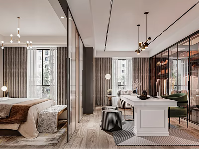 Elegant Modern Bedroom Interior With Large Windows Hanging Chandeliers Plush Rug And Wooden Floor 3d model