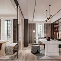 Elegant Modern Bedroom Interior With Large Windows Hanging Chandeliers Plush Rug And Wooden Floor