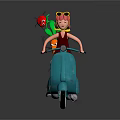 Cartoon Character Riding Blue Scooter With Pink Creature Red Top And Yellow Hat