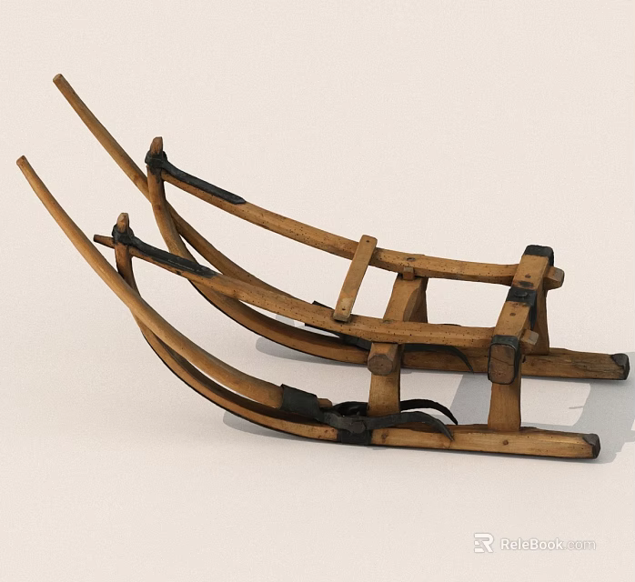 Traditional Wooden Sled With Curved Frames And Black Straps For Winter Use 3d model 