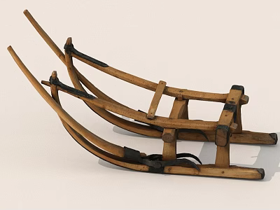 Traditional Wooden Sled With Curved Frames And Black Straps For Winter Use 3d model