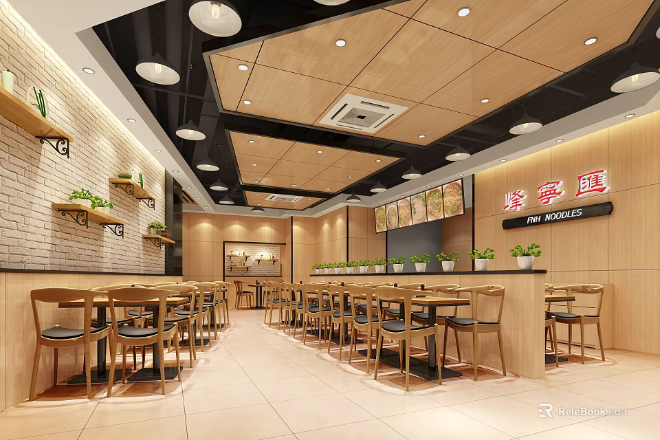 Modern Restaurant Interior with Wooden Ceiling Walls Tables Chairs Round Lights and Green Plants 3d model 