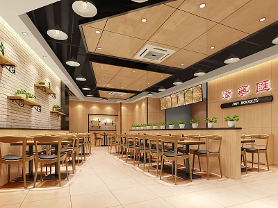 Modern Restaurant Interior with Wooden Ceiling Walls Tables Chairs Round Lights and Green Plants 3d model