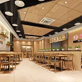 Modern Restaurant Interior with Wooden Ceiling Walls Tables Chairs Round Lights and Green Plants