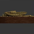 Golden Decorative Boat Model on Red Wooden Base with Accents