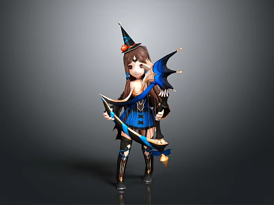 Detailed Fantasy Game Movie Character With Wizard Hat Bow Dragon Wing And Blue Outfit 3d model