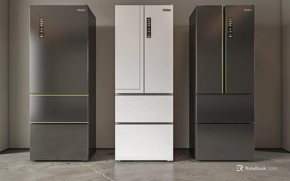 Modern Haier Refrigerators in Different Colors with Sleek Design and Stainless Steel Finish Standing in Row 3d model 