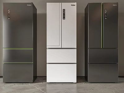 Modern Haier Refrigerators in Different Colors with Sleek Design and Stainless Steel Finish Standing in Row 3d model