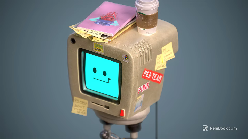 Vintage Computer Monitor With Blue Screen Smiley Face Notebook Cup Yellow Sticky Notes Red Labels 3d model 