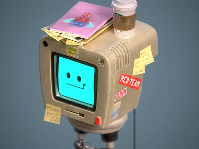 Vintage Computer Monitor With Blue Screen Smiley Face Notebook Cup Yellow Sticky Notes Red Labels 3d model