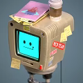 Vintage Computer Monitor With Blue Screen Smiley Face Notebook Cup Yellow Sticky Notes Red Labels