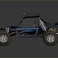 Blue Off-Road Utility Vehicle with Open Roll Cage Large Tires and Sturdy Suspension Design