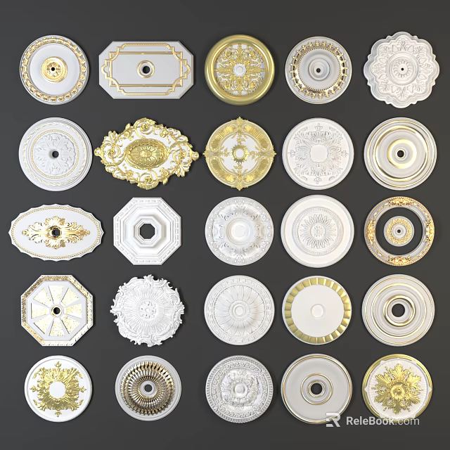 Decorative Ceiling Medallions With Various Gold And White Patterns And Shapes 3d model 