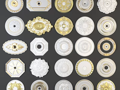 Decorative Ceiling Medallions With Various Gold And White Patterns And Shapes 3d model