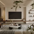Modern Living Room With Large TV Wooden Stand Patterned Rug Armchair And Decorative Shelves