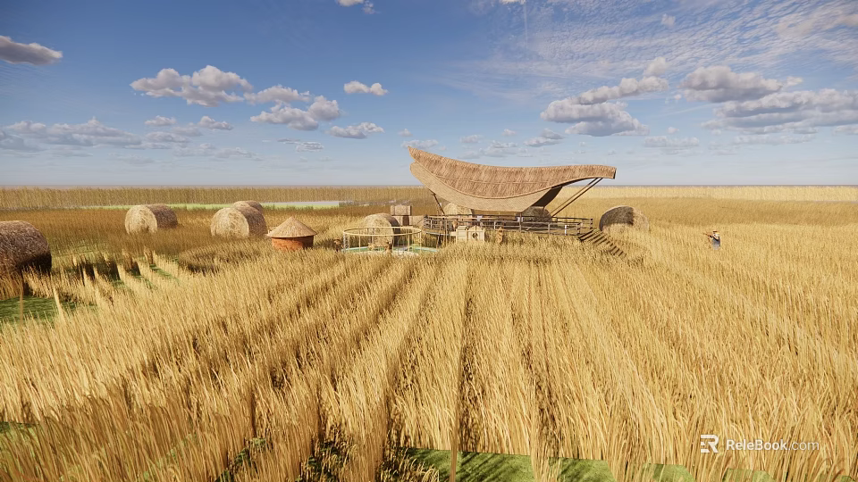 Rural Landscape with Golden Wheat Field Haystacks and Thatched Roof Building Under Blue Sky 3d model 
