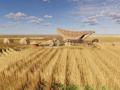 Rural Landscape with Golden Wheat Field Haystacks and Thatched Roof Building Under Blue Sky 3d model