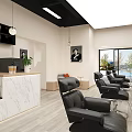 Modern Beauty Hair Salon Interior With Black Leather Chairs Marble Counter And Hanging Lights