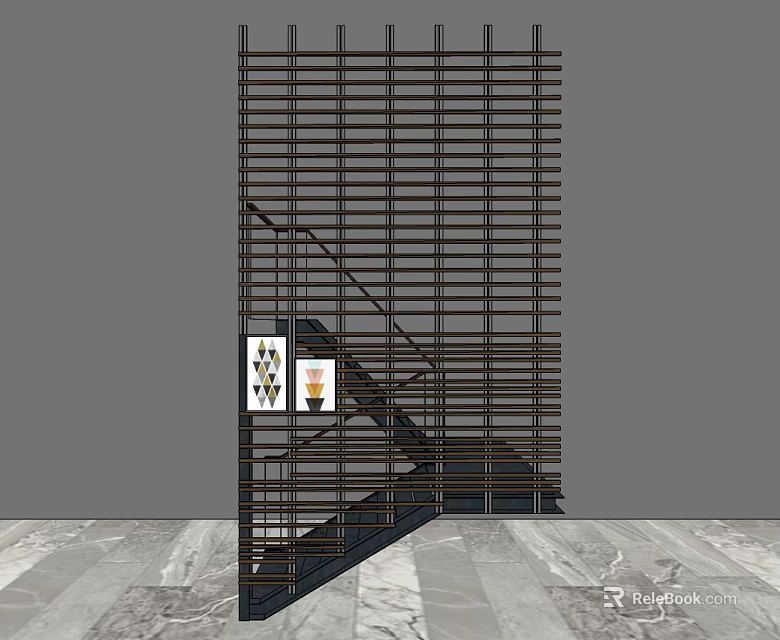 Black Staircase With Vertical Grille Structure And Marble Floor Wall Art 3d model 