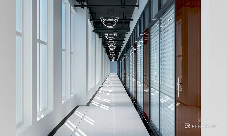 Long Office Corridor With Glass Doors Windows Ceiling Lights Natural Light And Tile Flooring 3d model 