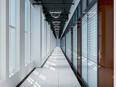 Long Office Corridor With Glass Doors Windows Ceiling Lights Natural Light And Tile Flooring 3d model