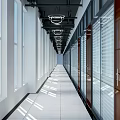 Long Office Corridor With Glass Doors Windows Ceiling Lights Natural Light And Tile Flooring