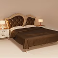 Double Bed With Tufted Brown Headboard Curved Wooden Frame White Nightstands Table Lamps Brown Bedspread