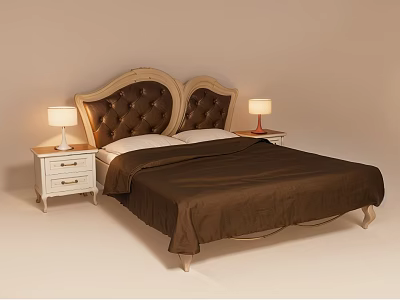 Double Bed With Tufted Brown Headboard Curved Wooden Frame White Nightstands Table Lamps Brown Bedspread 3d model