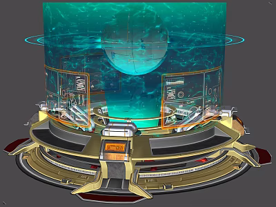 Futuristic Cartoon Scene Featuring Circular Console Blue Sphere Ring Structures And Screens 3d model