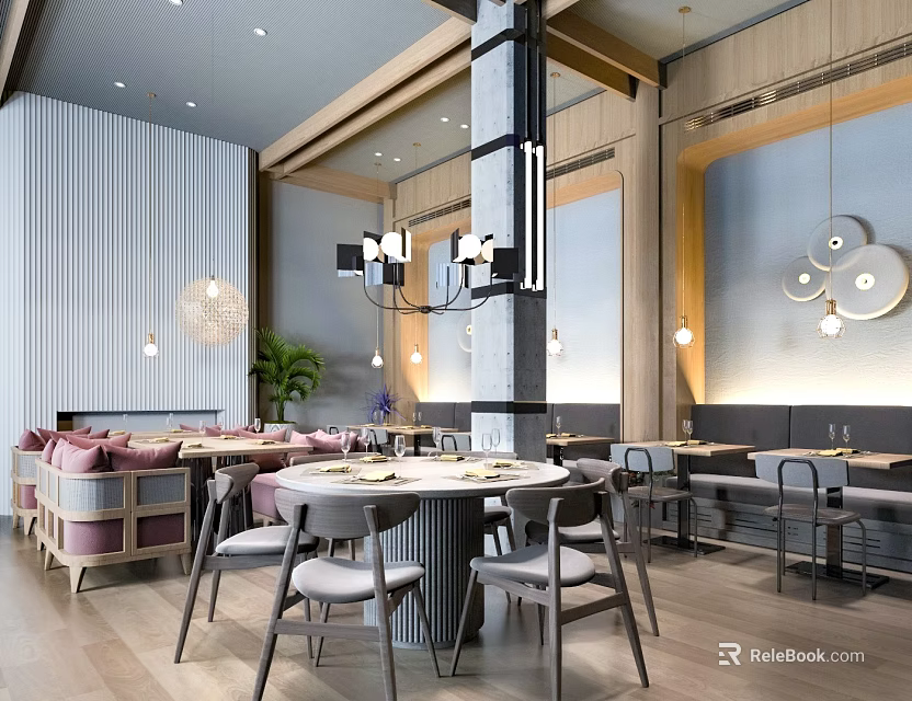 Elegant Modern Restaurant Interior With Round Dining Tables Pink Booths Green Plants And Chandeliers 3d model 