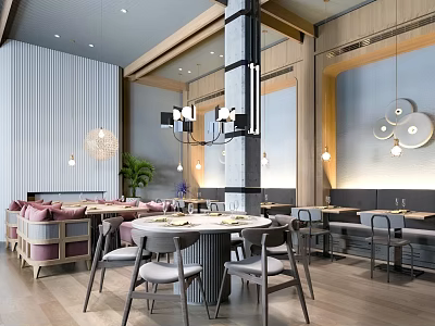 Elegant Modern Restaurant Interior With Round Dining Tables Pink Booths Green Plants And Chandeliers 3d model