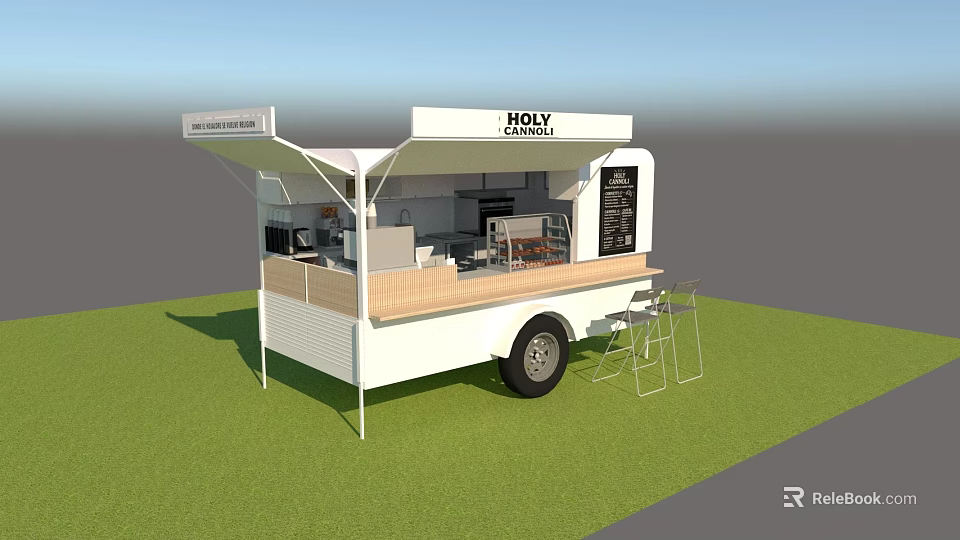 Holy Mobile Food Truck With Awning Wooden Counter And Chairs On Grass 3d model 