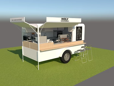 Holy Mobile Food Truck With Awning Wooden Counter And Chairs On Grass 3d model
