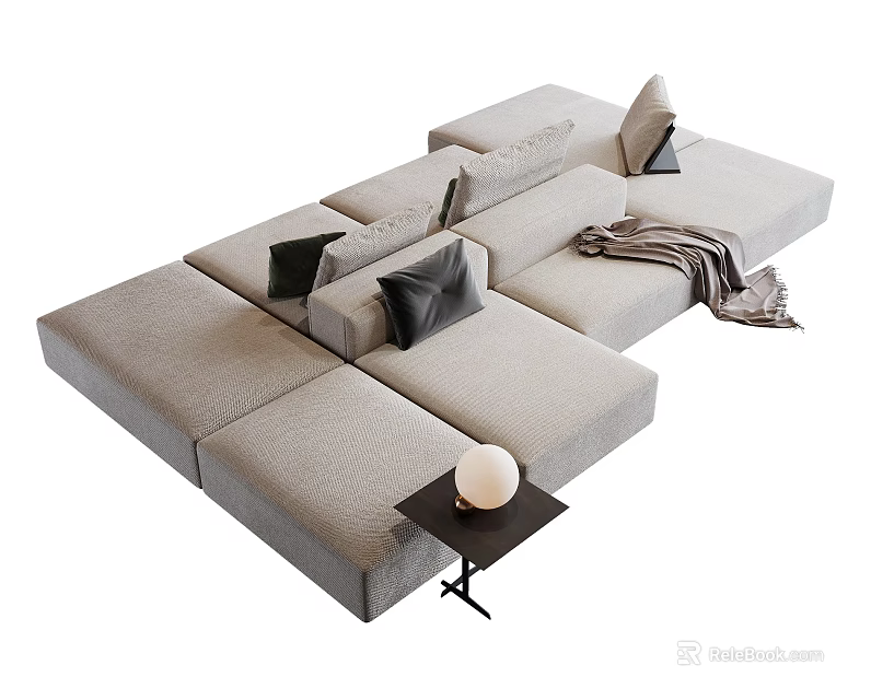 Modern Light Gray Sectional Sofa with Black Cushions Throw Blanket and Side Table Lamp 3d model
