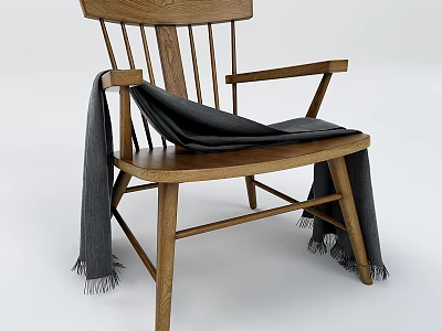 Wooden Accent Chair With Gray Fringe Blanket And Natural Oak Armrests Design 3d model
