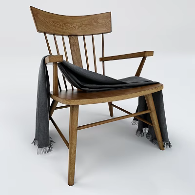 Wooden Accent Chair With Gray Fringe Blanket And Natural Oak Armrests Design 3d model