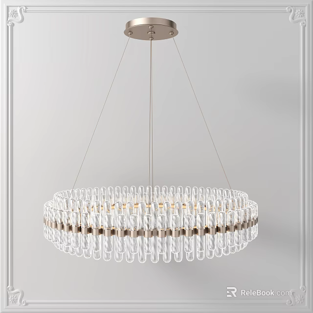 Modern Round Layered Transparent Glass Tube Chandelier With Metallic Chains 3d model 