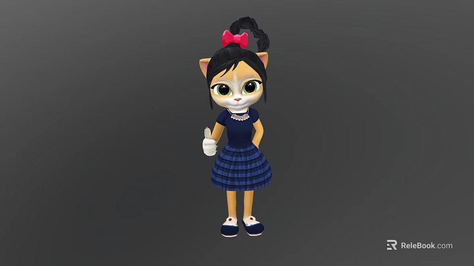 Cartoon Cat Character With Black Hair Red Bow Blue Plaid Dress And White Object 3d model 