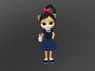 Cartoon Cat Character With Black Hair Red Bow Blue Plaid Dress And White Object 3d model