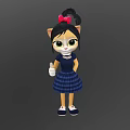 Cartoon Cat Character With Black Hair Red Bow Blue Plaid Dress And White Object