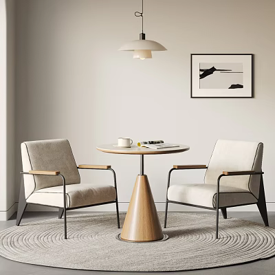 Modern Upholstered Chair And Wooden Round Table Set With Metal Legs Pendant Light Wall Art 3d model