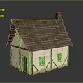 Cartoon Cottage Scene With Mossy Tiled Roof Chimney And Wooden Framed Windows
